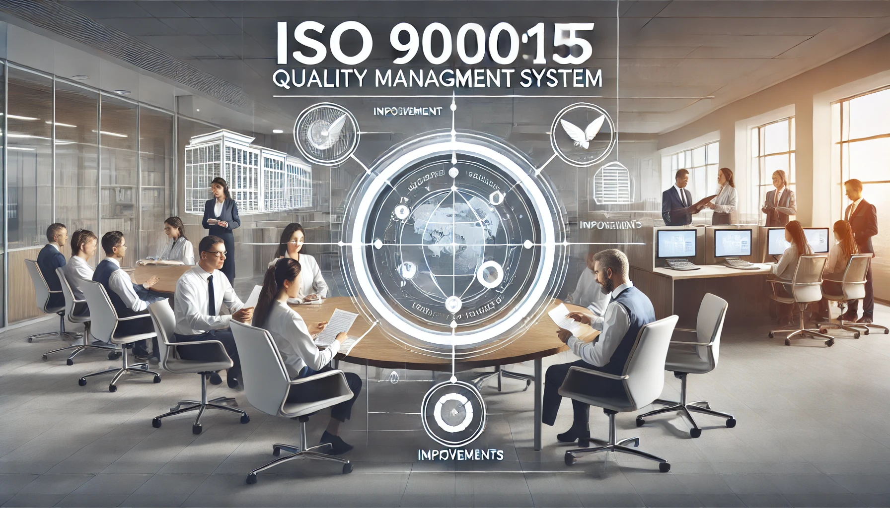 DALL·E 2025-02-12 13.11.37 – A professional banner-style image representing ISO 9001_2015 implementation in facility management. The design includes a modern office setting, a qua