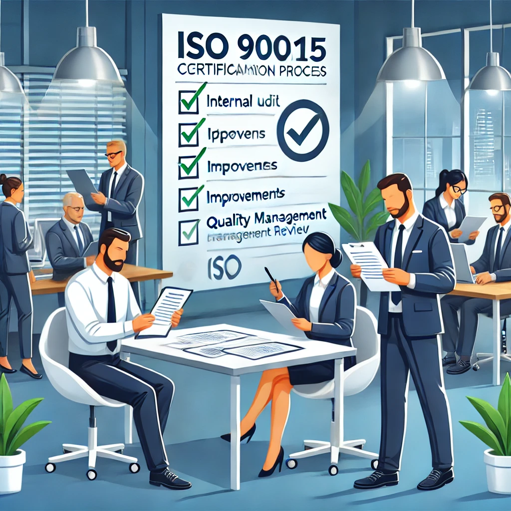 DALL·E 2025-02-12 14.13.48 - An ISO 9001_2015 certification process scene. A team is conducting an internal audit, reviewing compliance checklists, and discussing improvements in